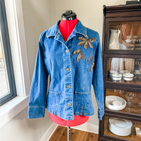 Vintage Maggie Sweet Denim Jacket Embroidered Leaf Button-Up Size L - Picture 1 of 6